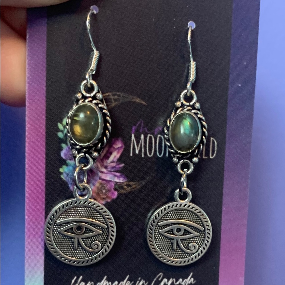 Egyptian Eye Crystal Earrings - Unisex Eye of Horuse Labradorite Earrings - goth